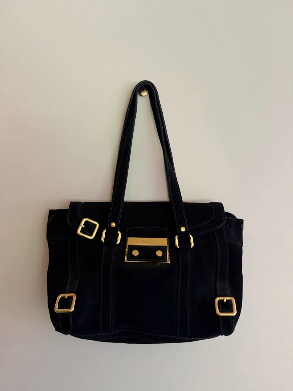 Prada Black Suede Tote Bag with Gold Hardware